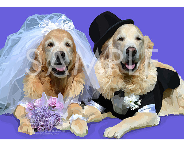 Golden Retrievers Wedding on Purple Greeting Card (Bri and Bentley)