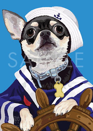 Chihuahua in sailer outfit on Blue Greeting Card (Jamie Sailer)