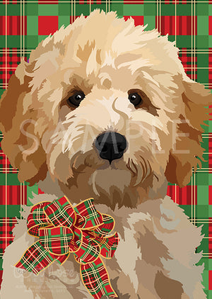 Goldendoodle Puppy on Red and Green Pattern Greeting Card (Magnolia)
